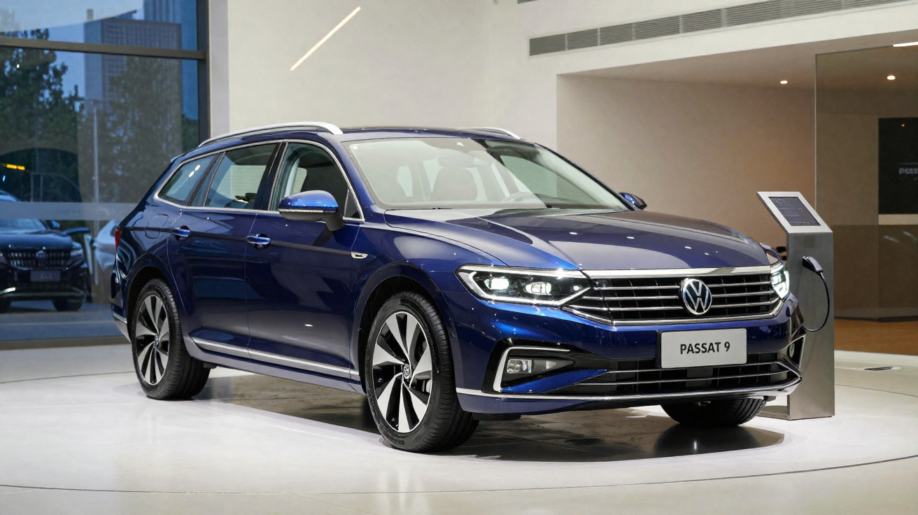 Carro Volkswagen Passat 9 azul em exposição, vista frontal lateral direita, ambiente interno moderno.