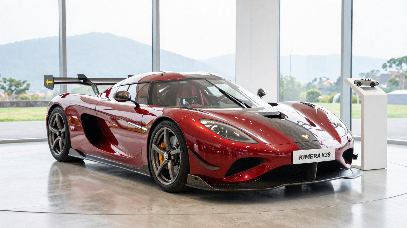 Carro esportivo vermelho Kimera K39 em exposição, com design aerodinâmico e detalhes em fibra de carbono.