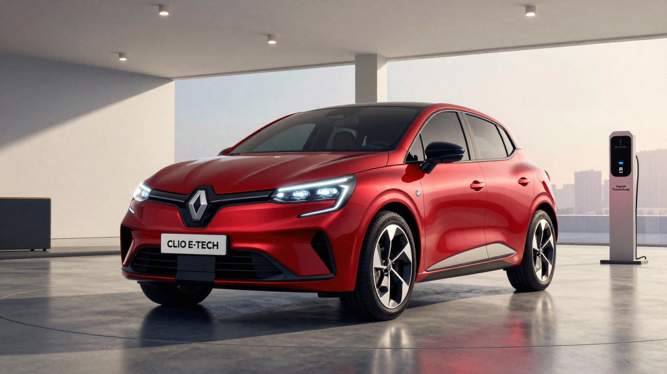 Carro elétrico Renault Clio E-Tech vermelho estacionado em garagem moderna com carregador ao lado.