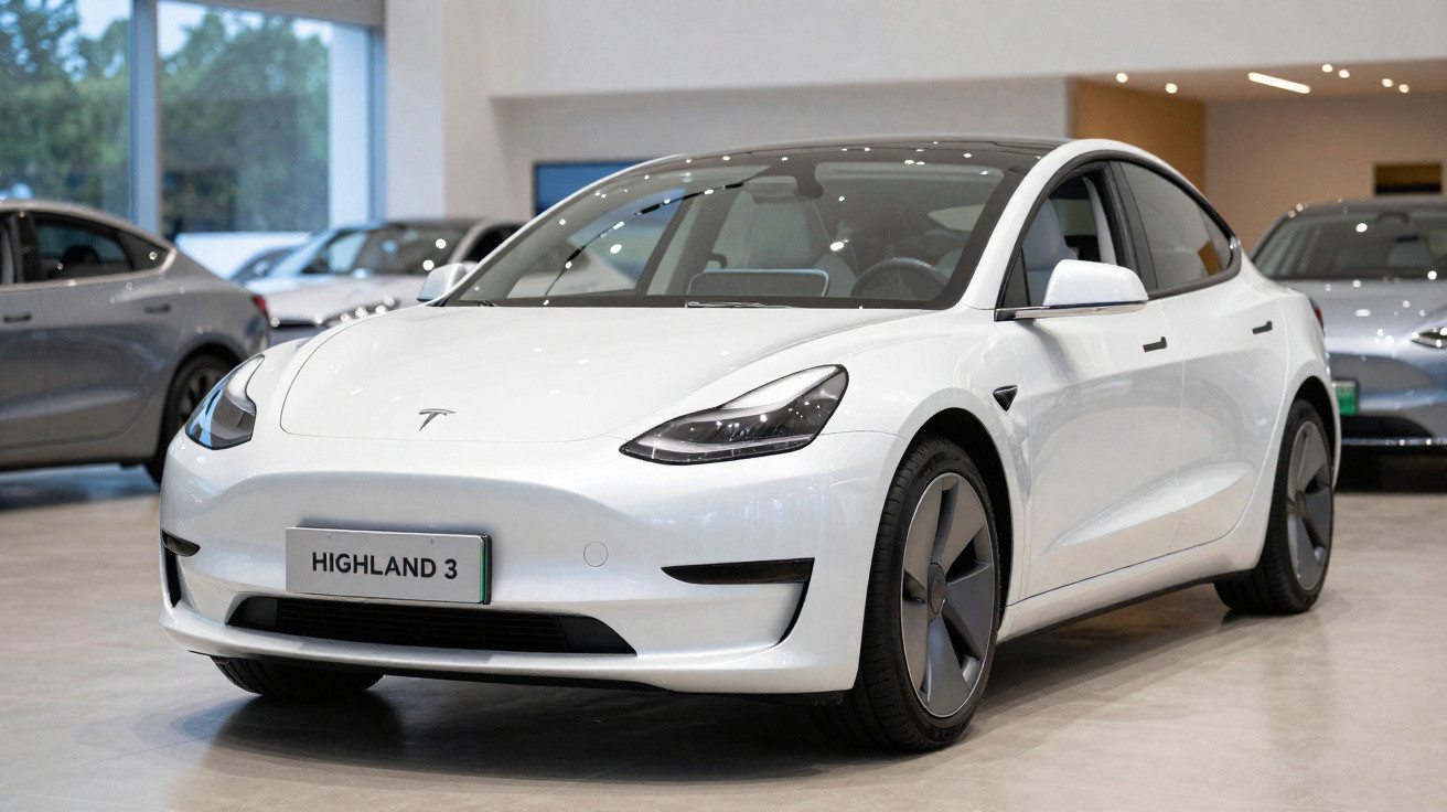 Carro elétrico branco modelo Tesla estacionado em showroom com placa personalizada Highland 3.
