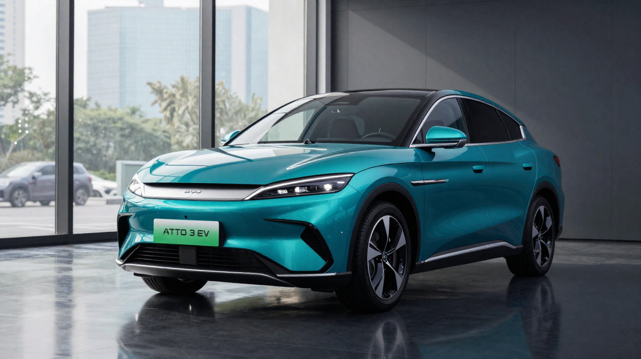 Carro elétrico azul ATTO 3 EV estacionado em ambiente interno com grandes janelas panorâmicas.