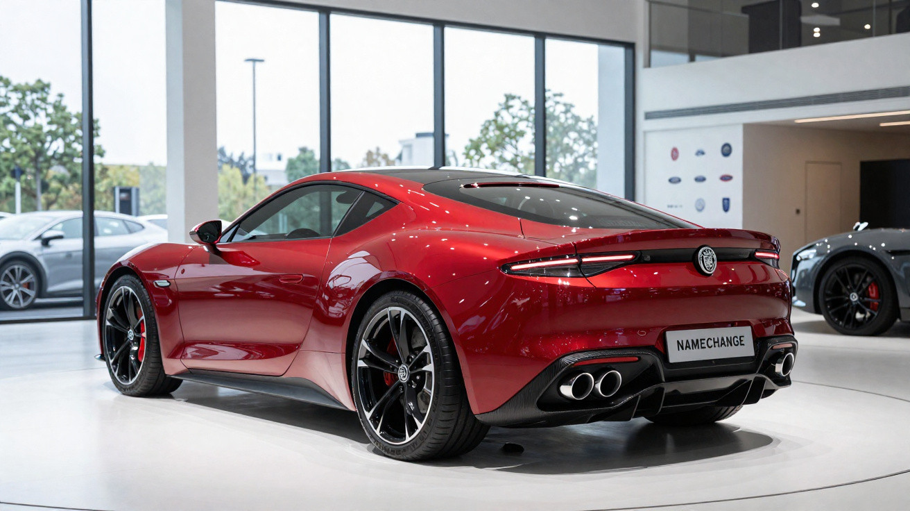 Carro esportivo vermelho em exposição dentro de showroom moderno com grandes janelas.
