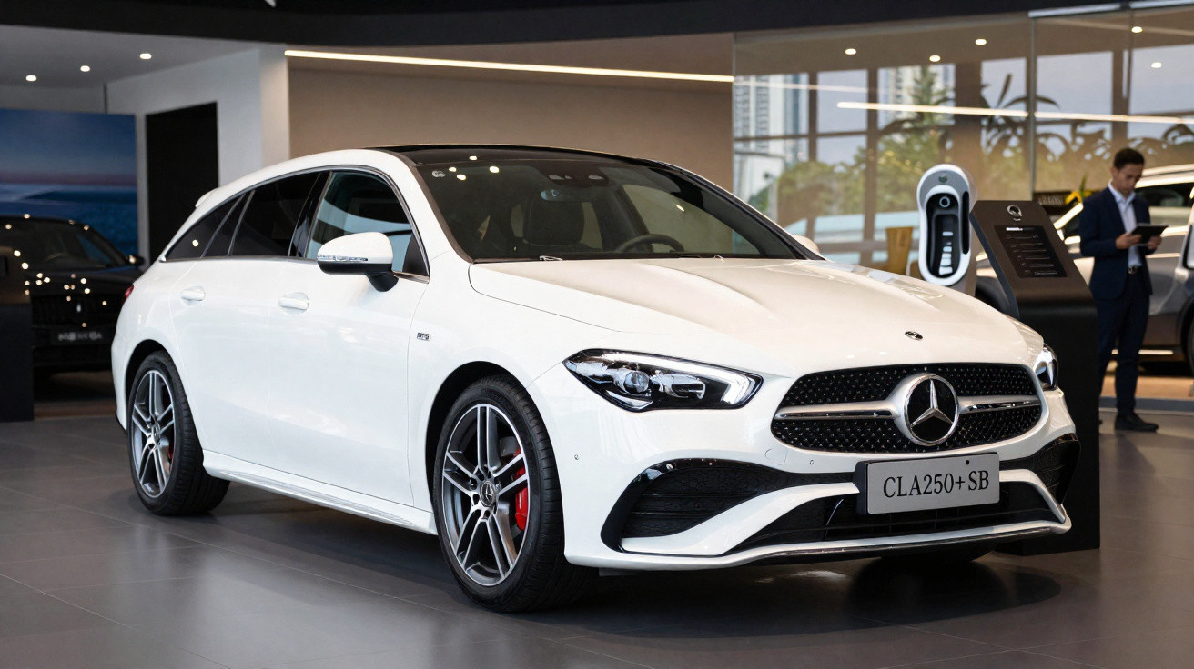 Carro branco Mercedes-Benz CLA 250+ SB exibido em showroom moderno com piso cinza.