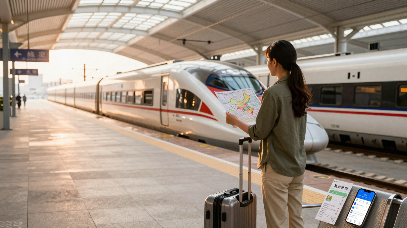 Mulher com mala e mapa esperando trem moderno em estação ferroviária ao pôr do sol.