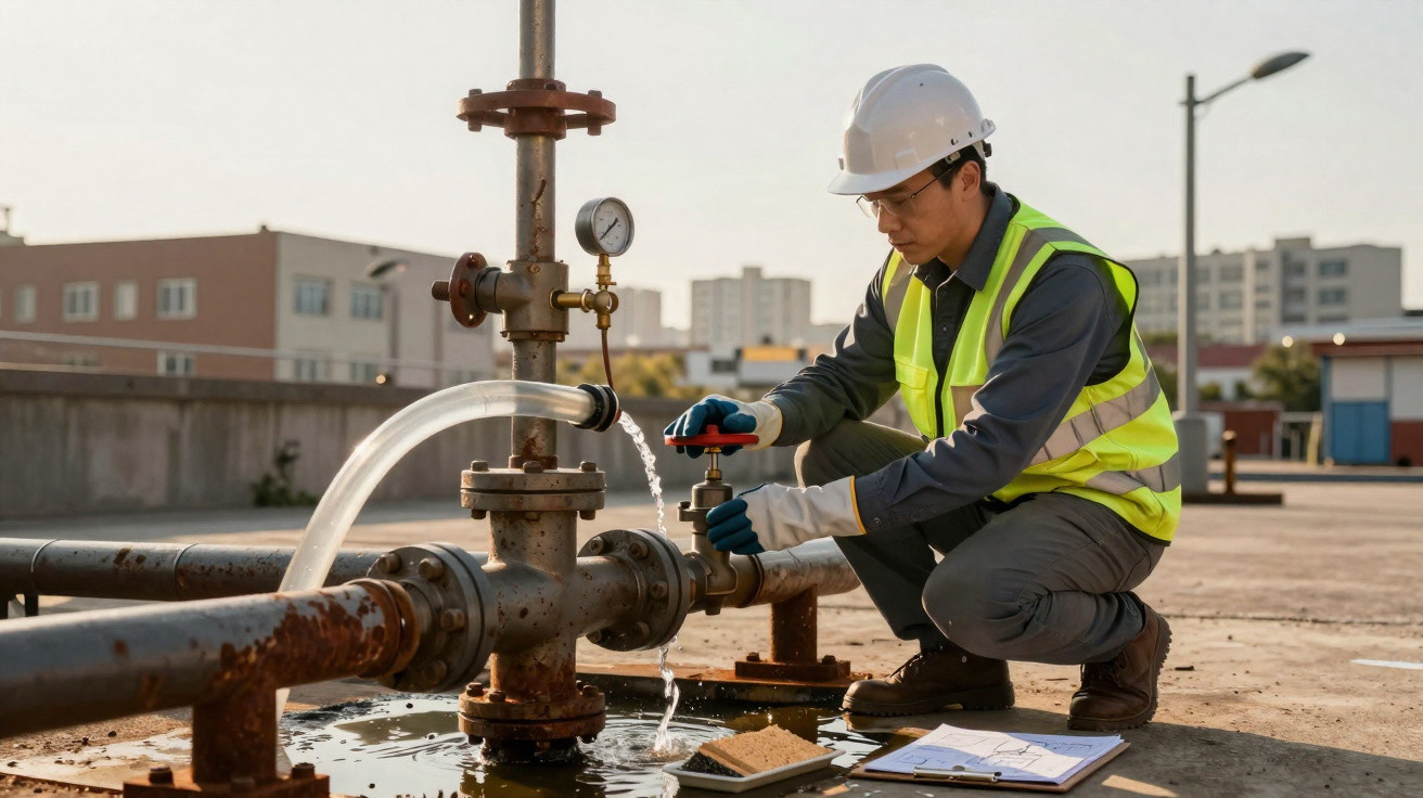 Engenheiro vistoria vazamento em tubulação externa com equipamentos de segurança e prancheta.