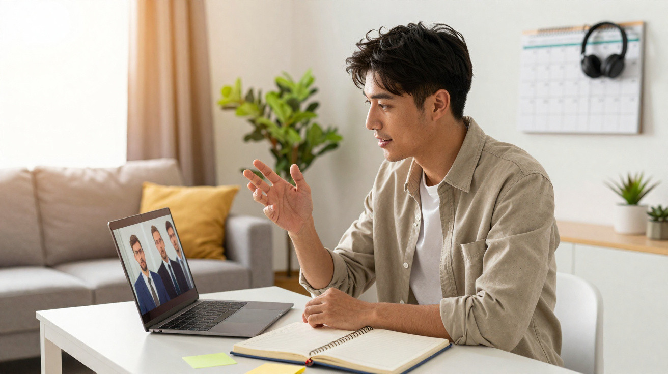Homem em videoconferência com três pessoas no laptop, sentado em mesa com caderno aberto em ambiente claro.