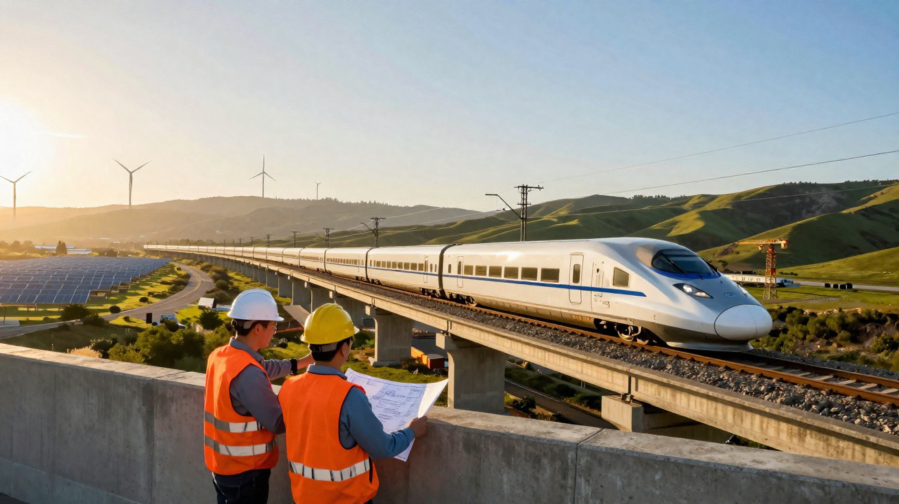 Engenheiros com coletes e capacetes observam trem-bala em viaduto próximo a painéis solares e turbinas eólicas.