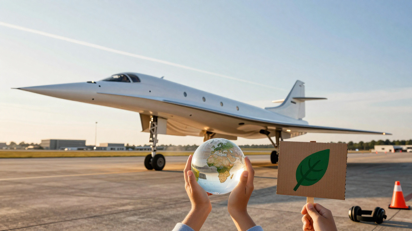 Avião supersonico no aeroporto com mãos segurando globo terrestre e placa com folha verde, simbolizando sustentabilidade.