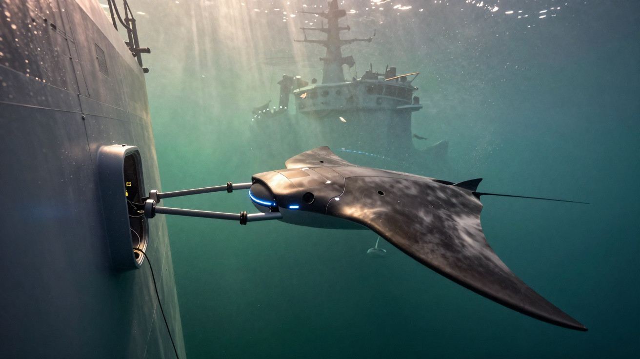 Robô subaquático em formato de arraia acoplado a um submarino militar em águas escuras.