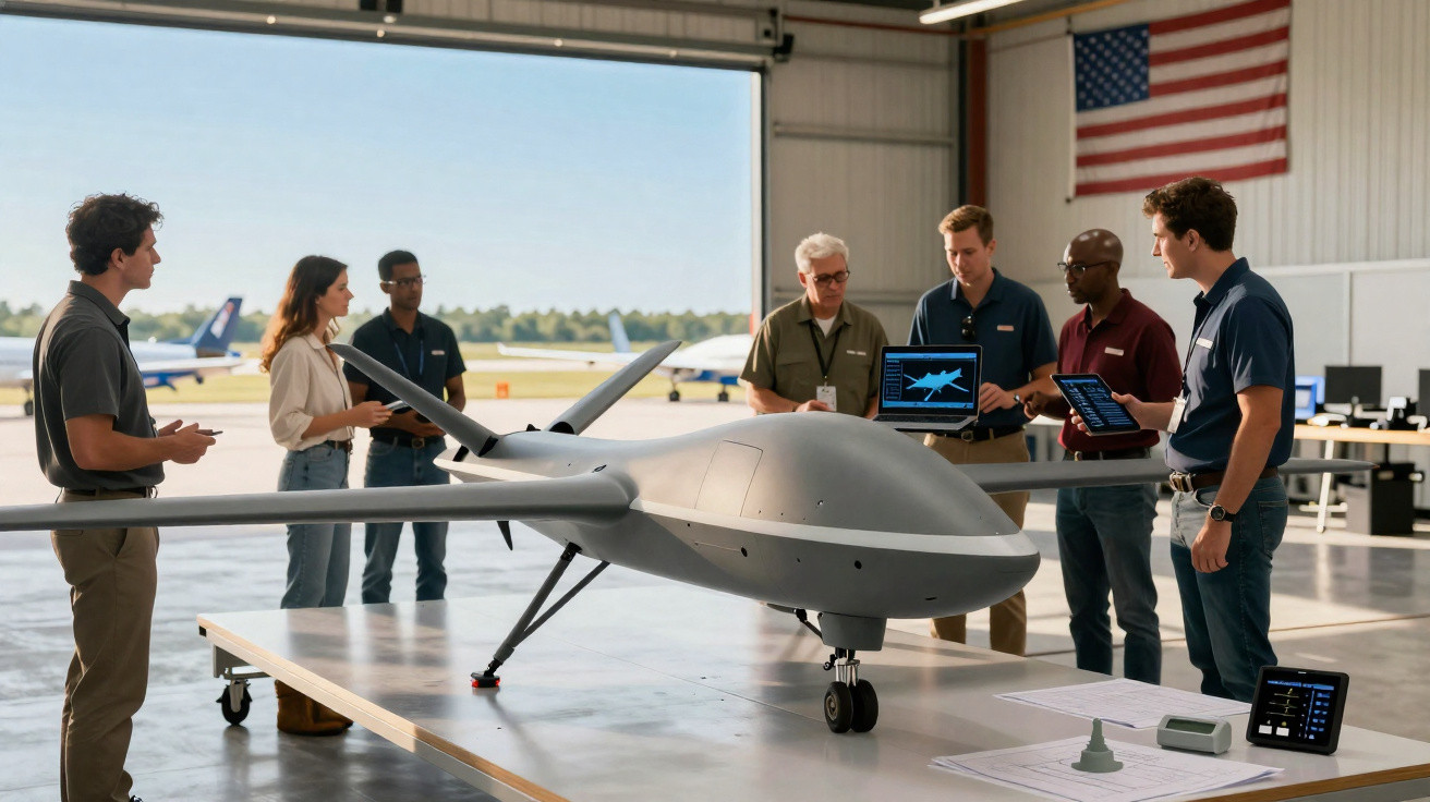 Equipe de engenheiros reunida ao redor de drone militar em hangar com bandeira dos EUA ao fundo.