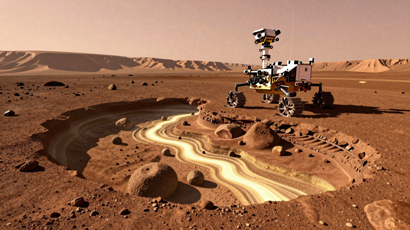 Rover explorando solo marciano próximo a um leito de rio seco com pedras e colinas ao fundo.