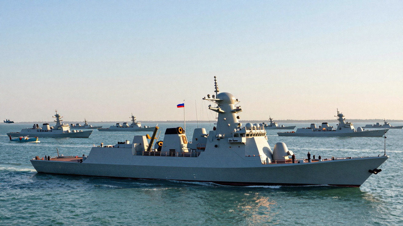 Navio de guerra russo navegando no mar com outros navios de guerra ao fundo em dia claro.