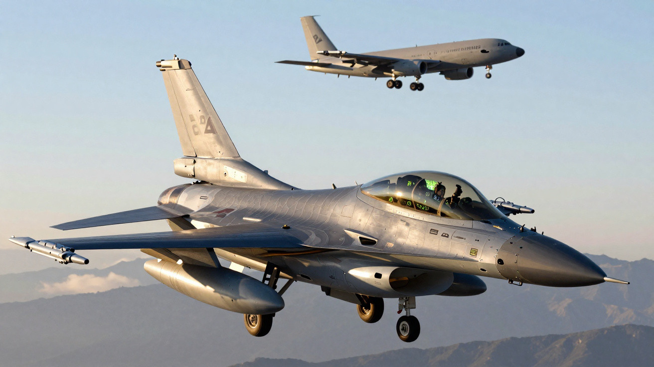 Caça F-16 em voo baixo com avião militar maior ao fundo sobre montanhas ao pôr do sol.