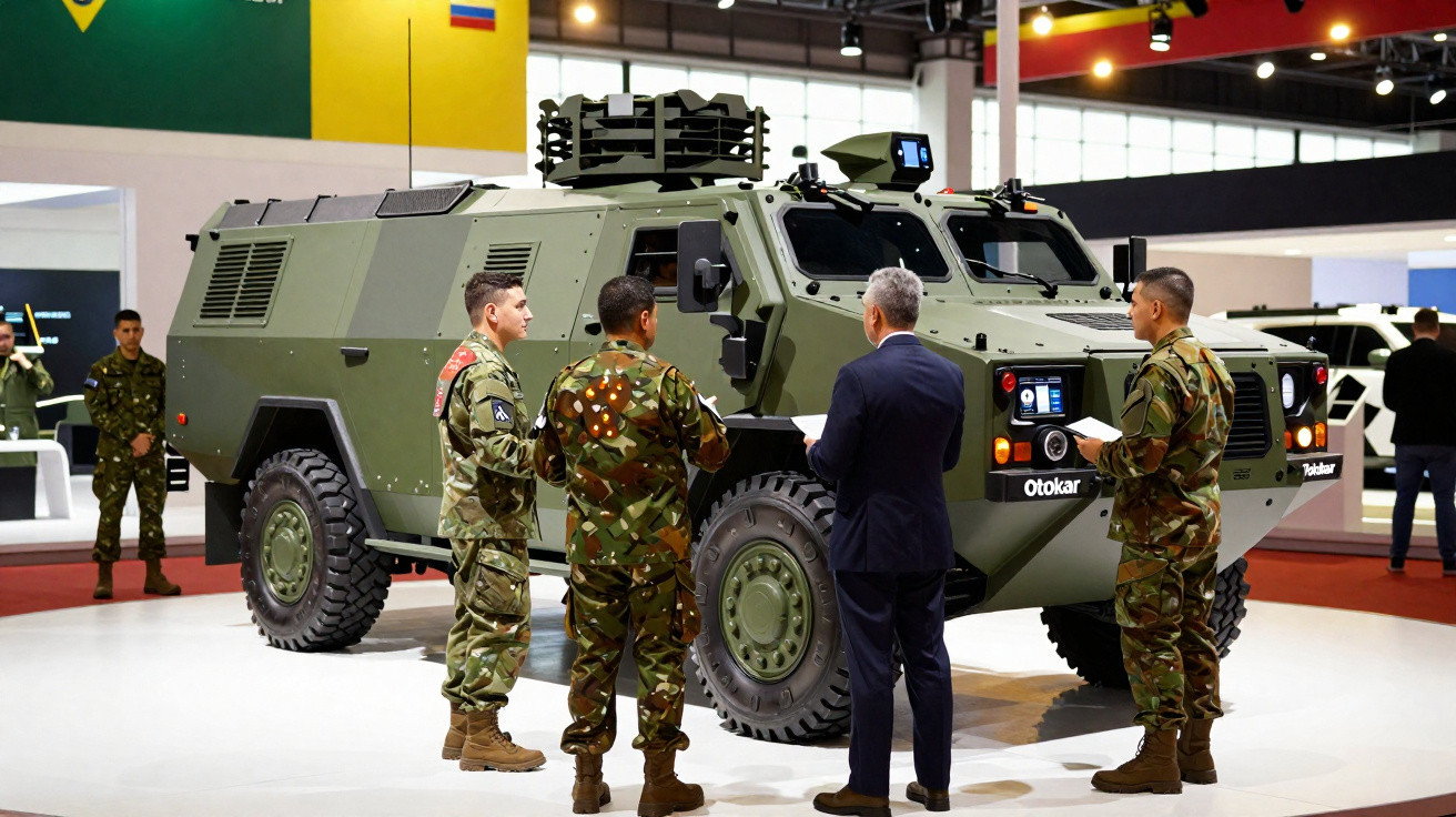 Veículo blindado militar verde com quatro pessoas em uniformes militares e terno observando em exposição.