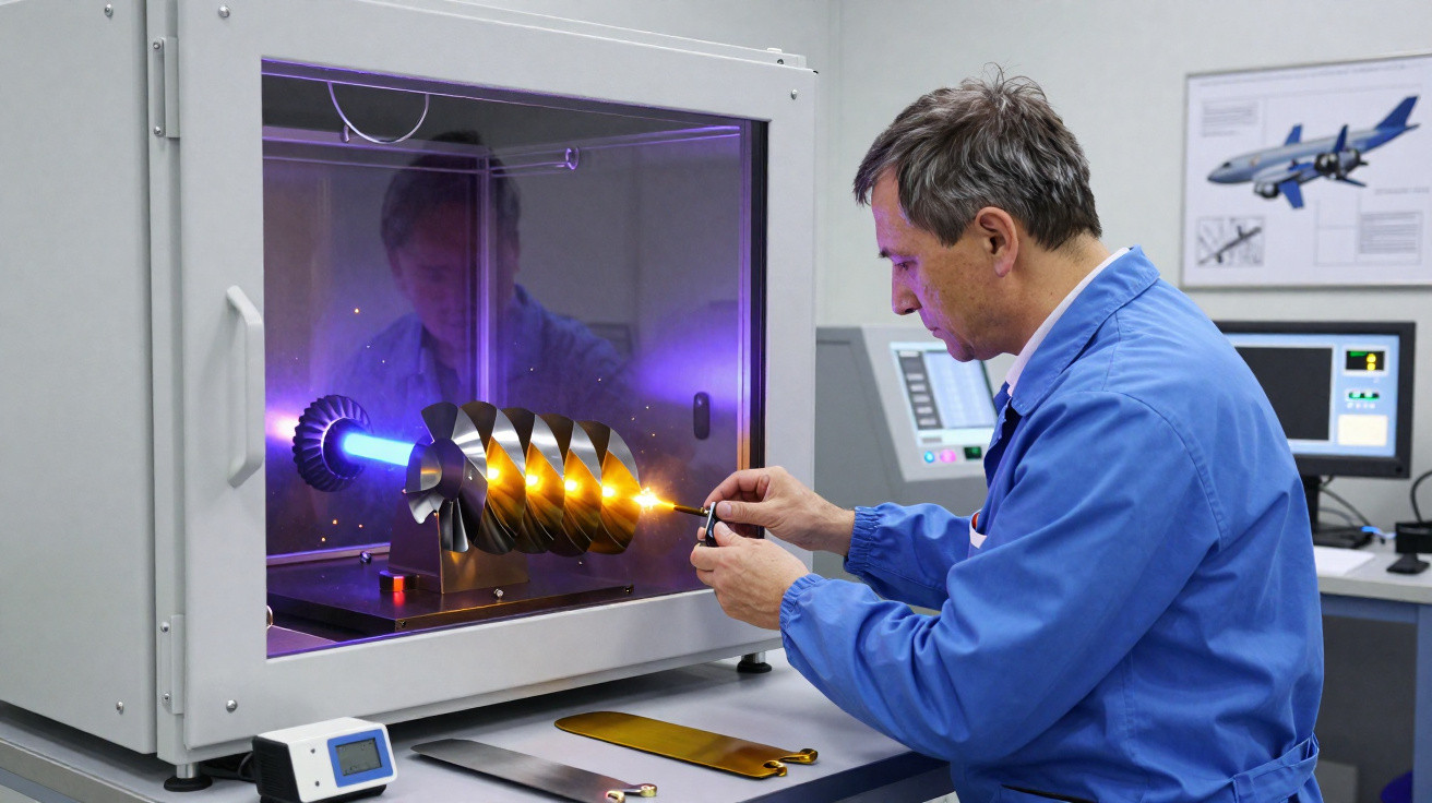 Técnico em laboratório usa equipamento para teste de componente metálico iluminado por luz violeta.