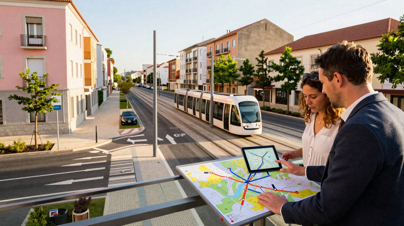Casal consultando mapa de transporte público em área urbana com bonde e prédios ao fundo.