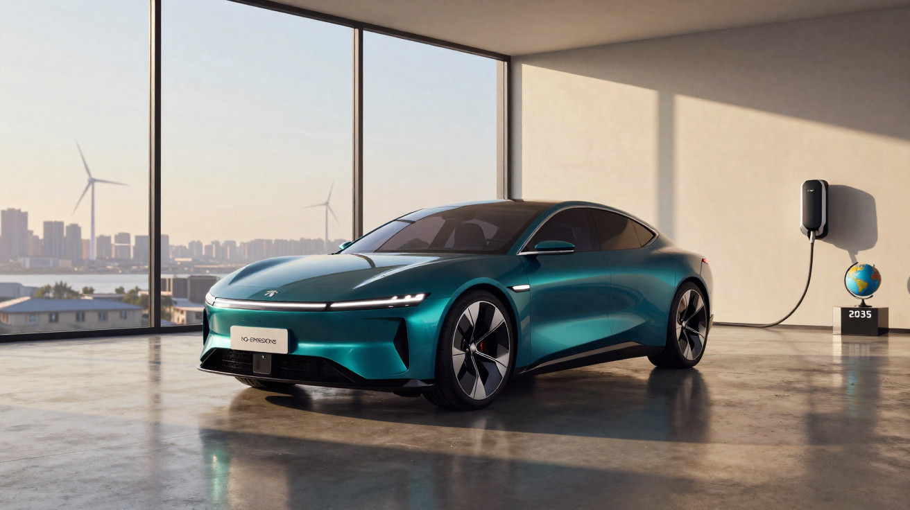 Carro elétrico azul-fosco estacionado em garagem iluminada, conectado a carregador com esfera terrestre e ano 2035.