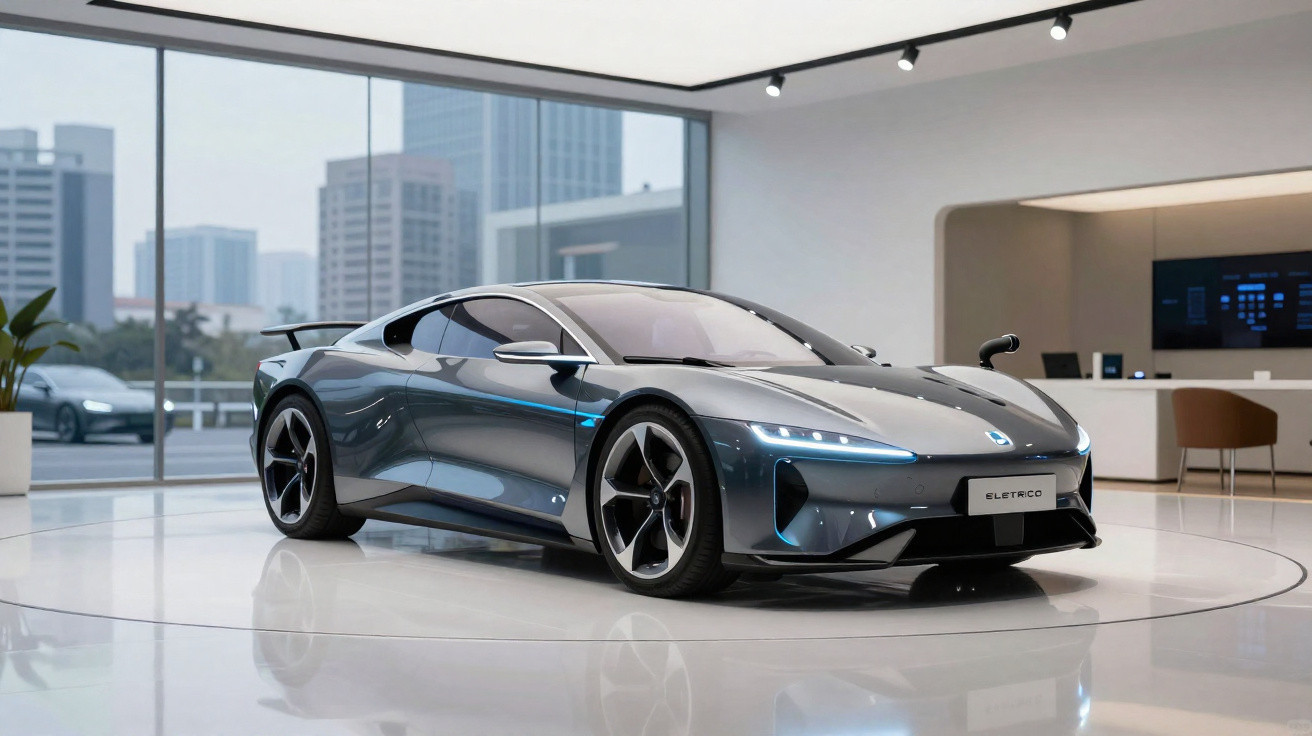 Carro esportivo elétrico cinza prata em exposição em showroom moderno com janelas de vidro grandes.