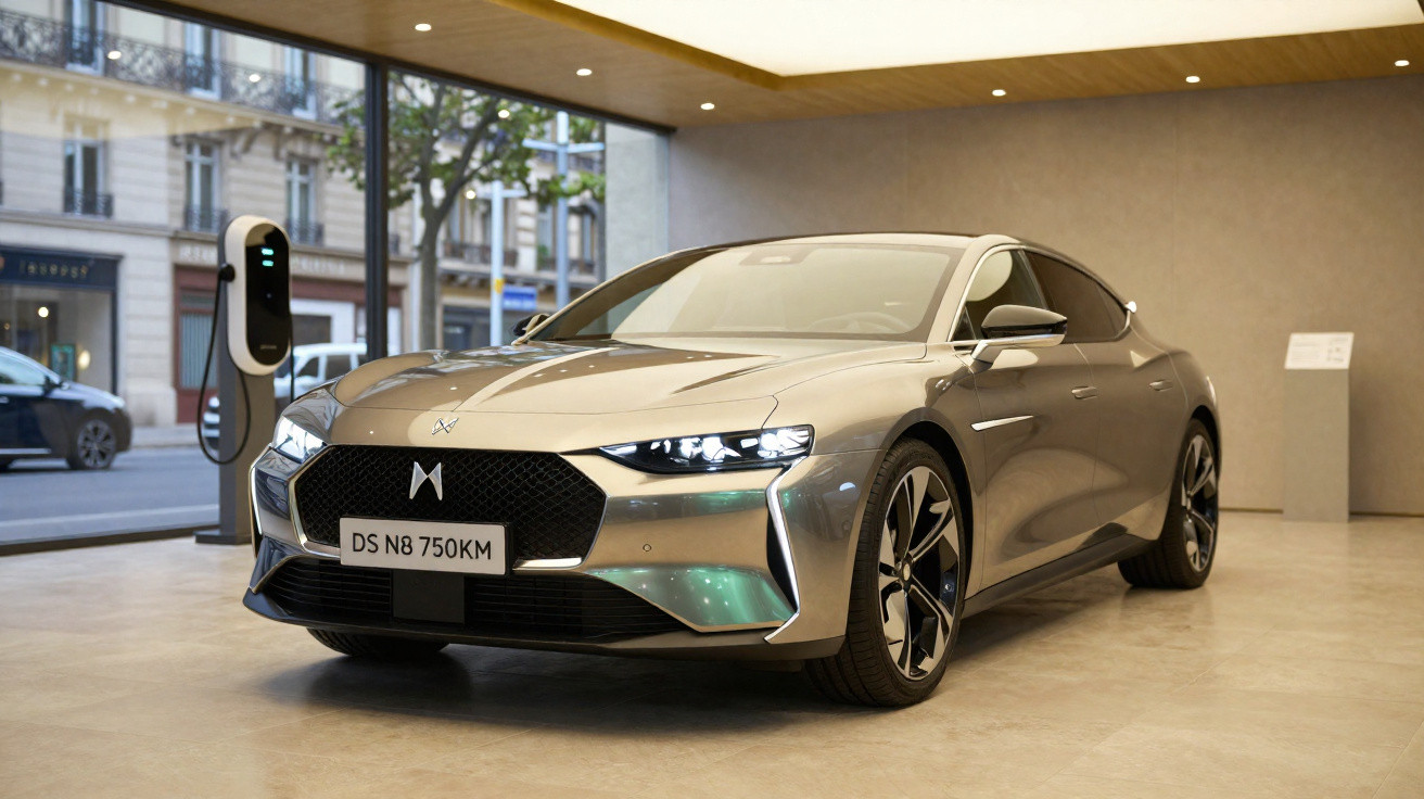 Carro elétrico DS N8 750KM prateado exibido em showroom moderno com carga elétrica ao fundo.
