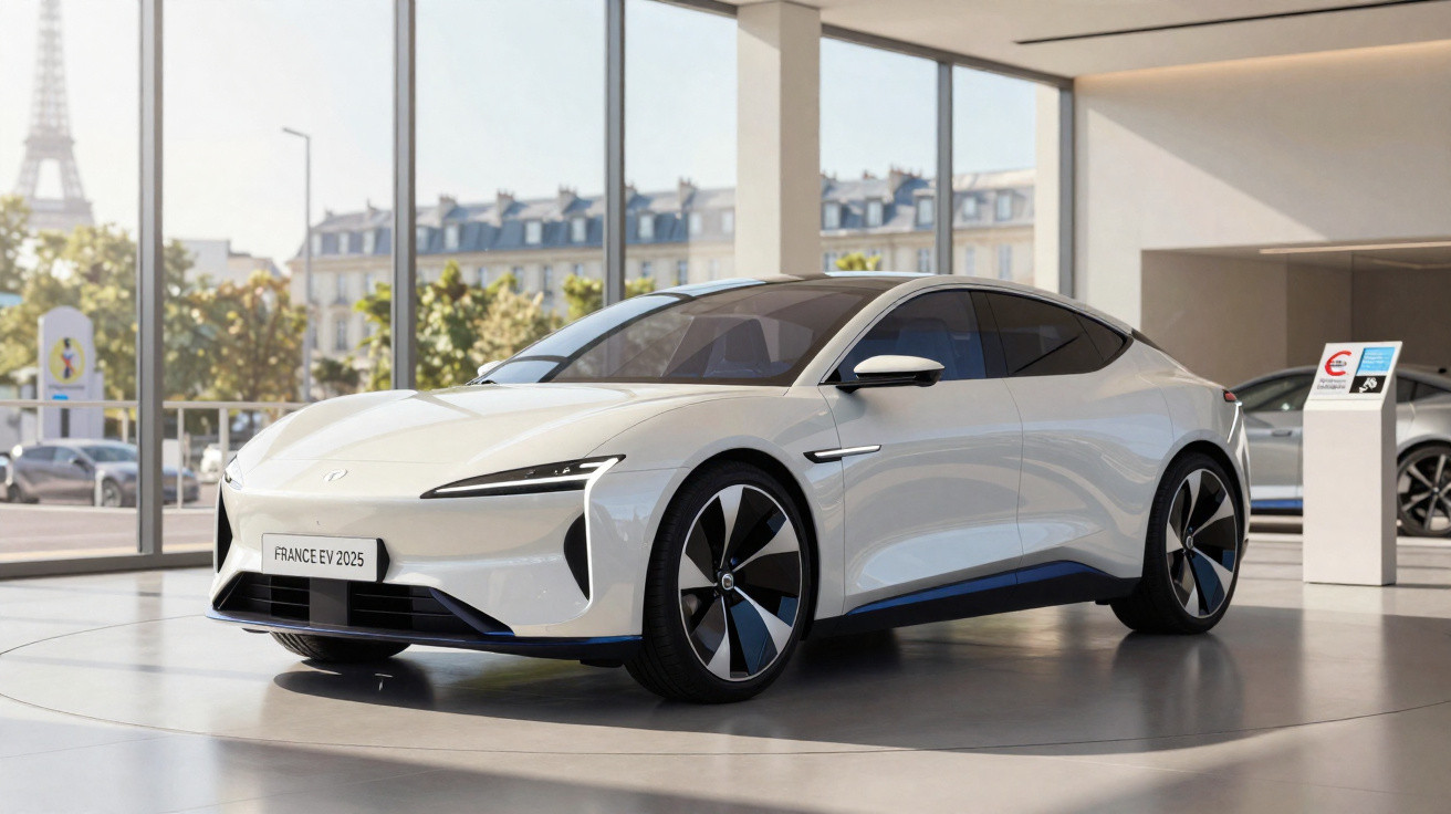 Carro elétrico branco modelo France EV 2025 em exposição, com Torre Eiffel ao fundo em Paris.