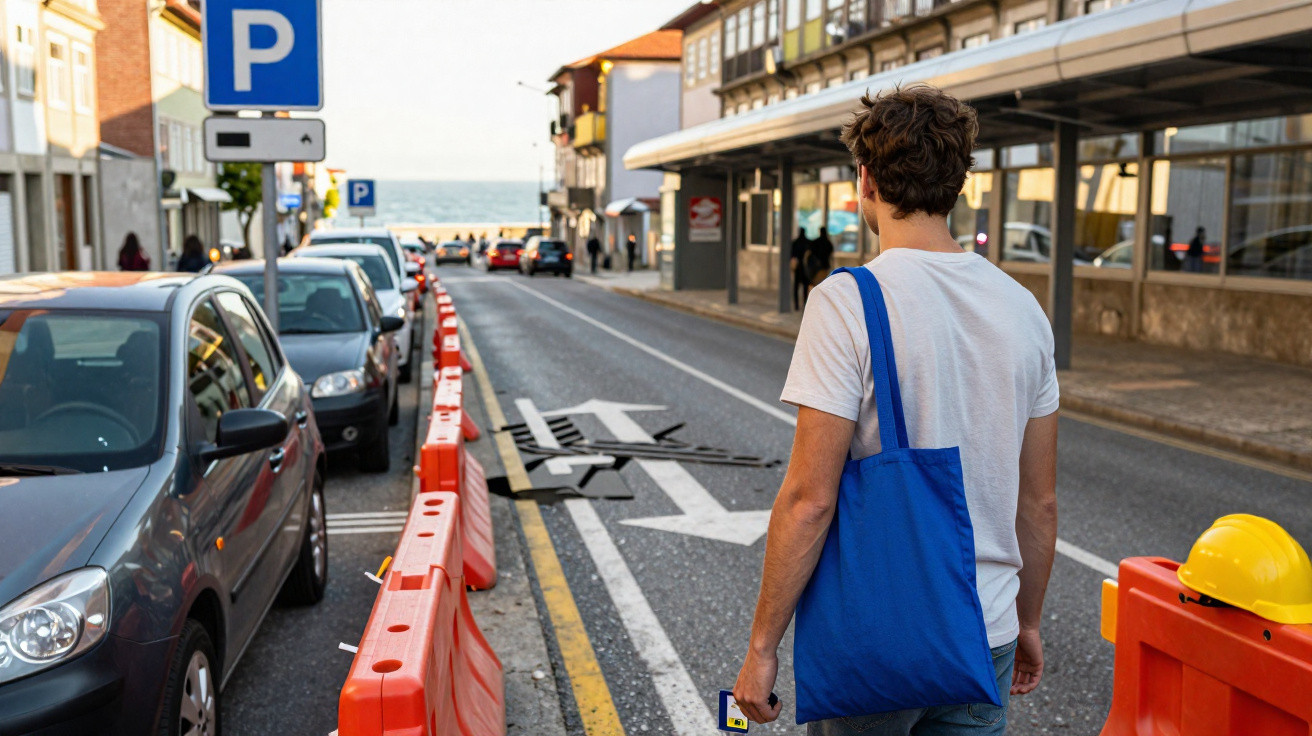 Homem de costas com camiseta branca e bolsa azul caminha em rua com carros estacionados e bloqueio laranja.