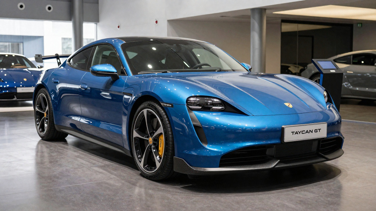 Carro esportivo azul Porsche Taycan GT exposto em showroom moderno com piso cinza e iluminação interna.