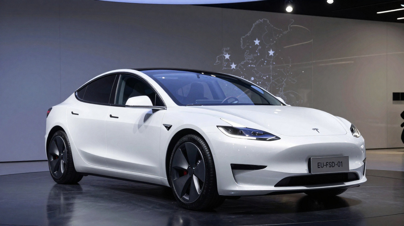 Carro elétrico Tesla branco modelo sedan exposto em ambiente fechado com mapa iluminado ao fundo.