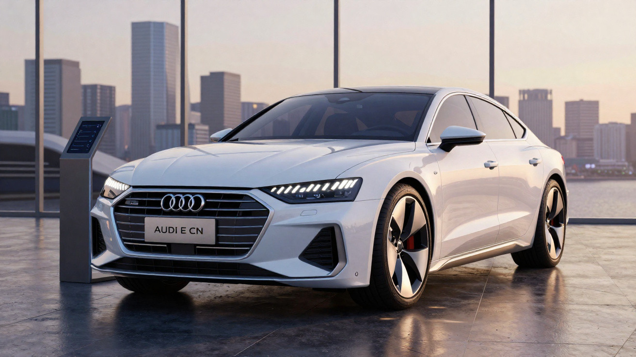 Carro elétrico Audi E CN branco em showroom com vista para prédios ao fundo.