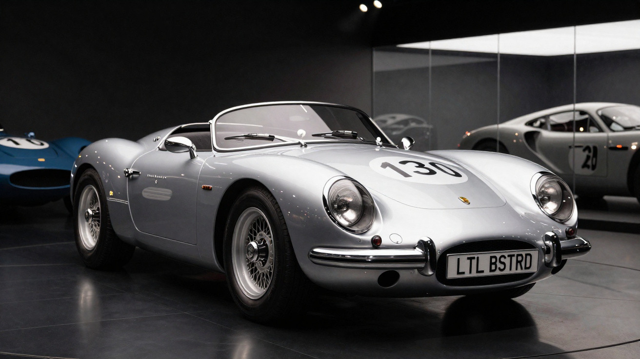 Carro esportivo conversível prata vintage com número 130, exposto em museu automotivo.