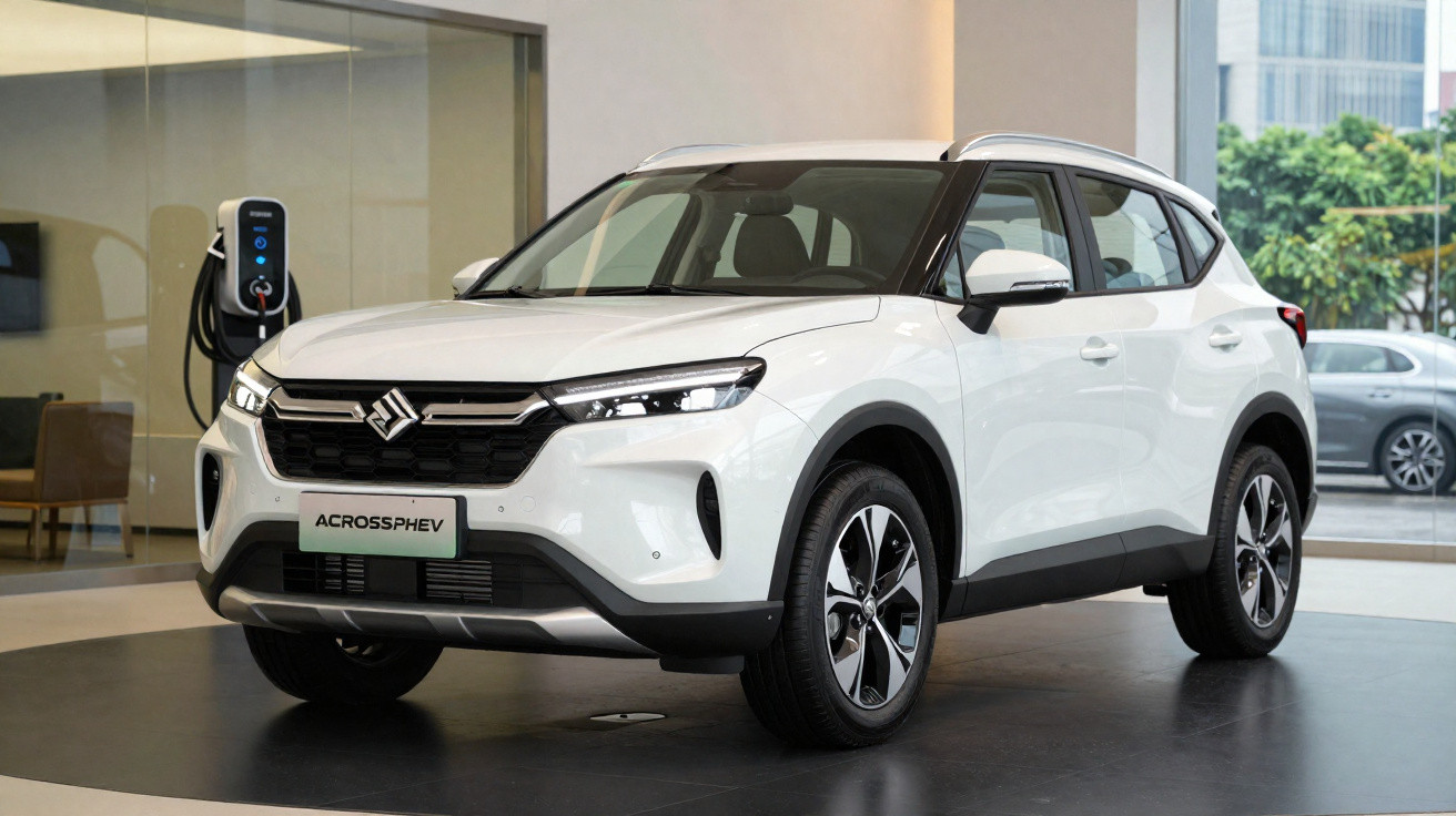 Carro SUV branco Suzuki Across PHEV estacionado em showroom com estação de recarga elétrica ao fundo.