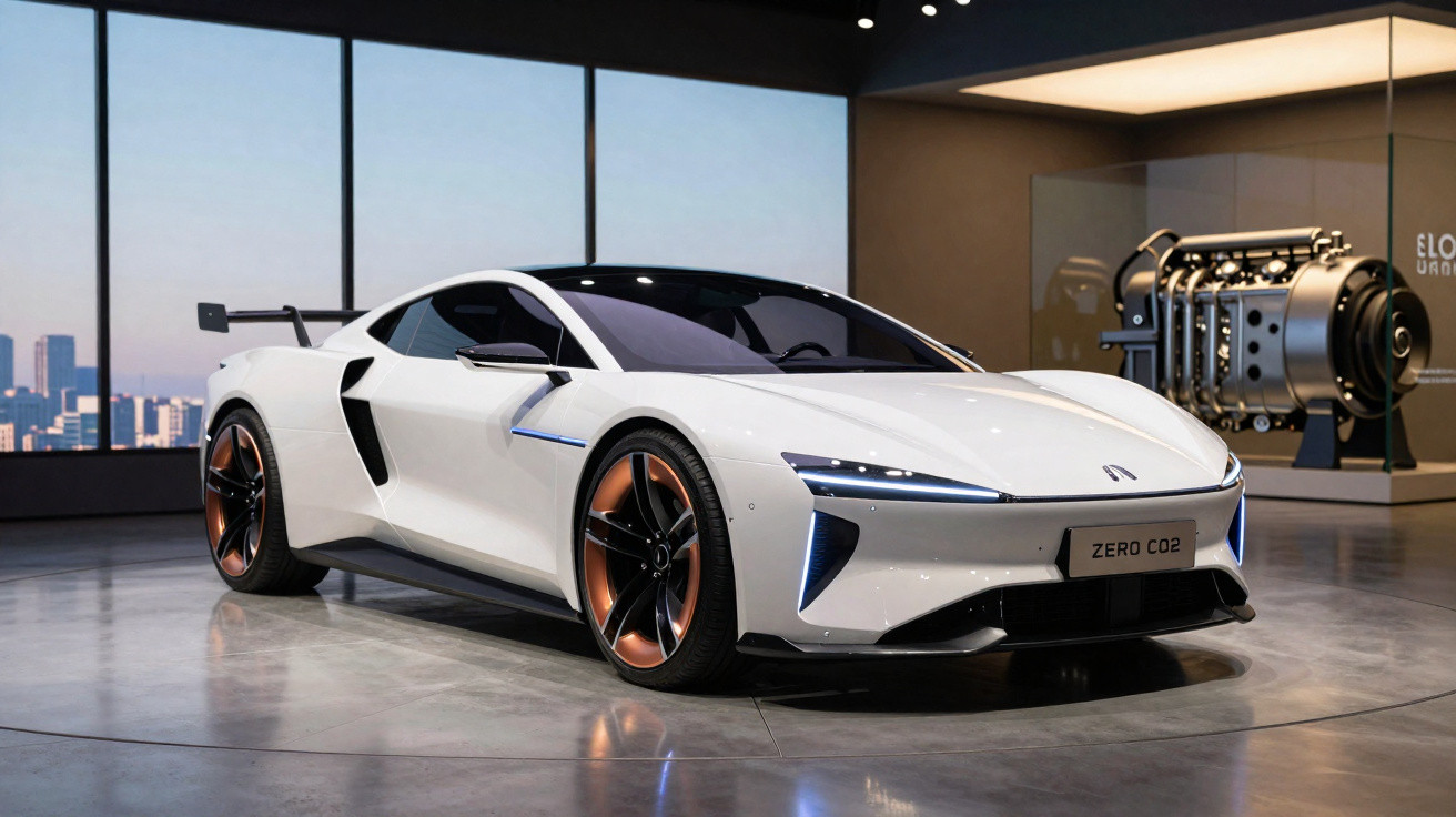 Carro esporte elétrico branco em exposição com motor em pedestal ao fundo.