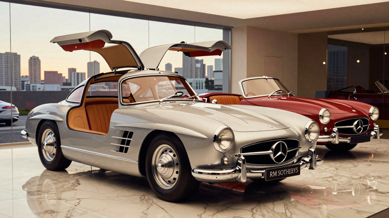 Carros clássicos Mercedes-Benz 300SL prata e vermelho em exposição interna com portas asa de gaivota abertas