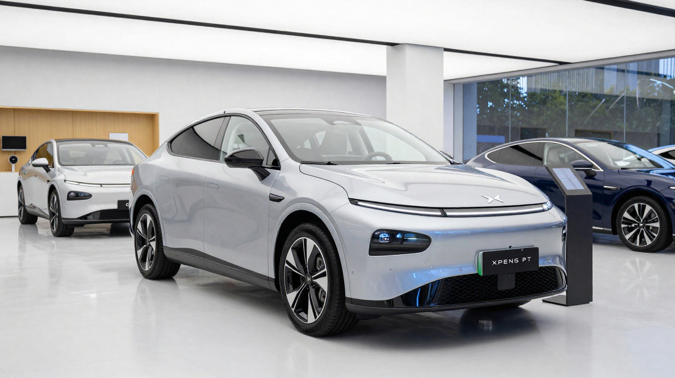 Carros elétricos modernos brancos e azul expostos em showroom com piso branco e iluminação ampla.