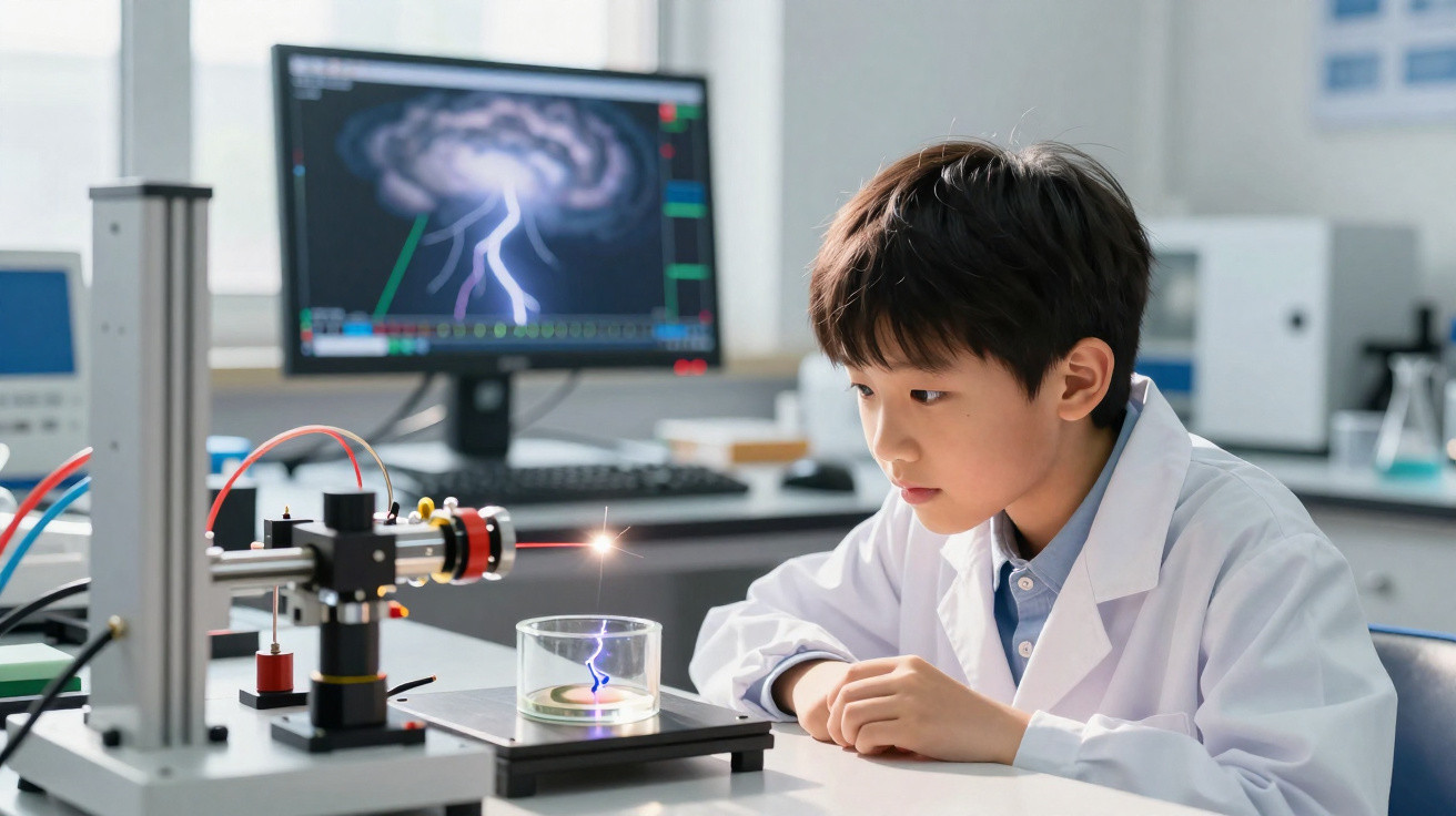 Menino com jaleco observa experimento científico com laser e plasma em laboratório escolar.