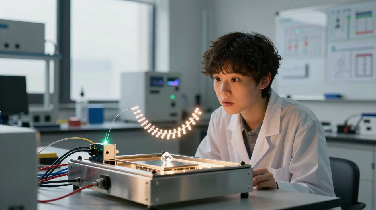 Jovem cientista observa experimento tecnológico com luzes e dispositivo em laboratório moderno.