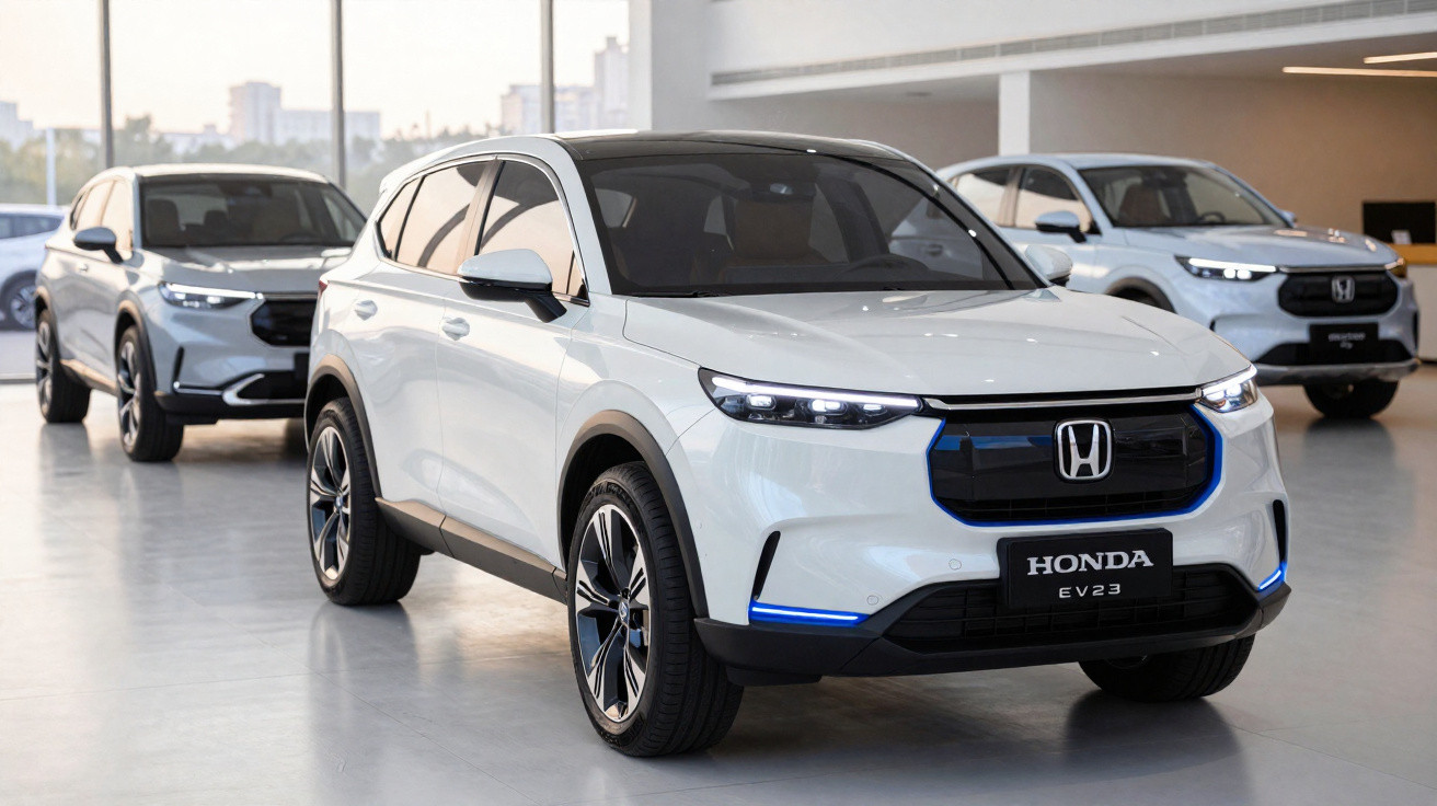 Três SUVs Honda elétricos EV23 brancos em exposição em salão moderno com grandes janelas.