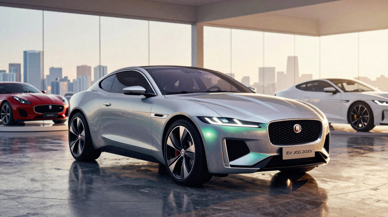 Carro esportivo elétrico prata Jaguar estacionado em showroom com carros vermelhos e brancos ao fundo.