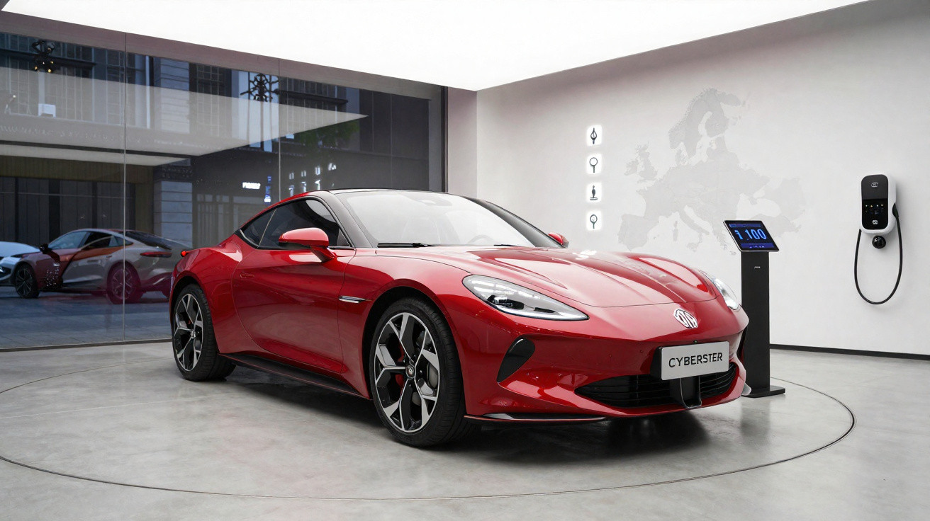 Carro elétrico esportivo vermelho estacionado em showroom moderno com estação de recarga na parede.