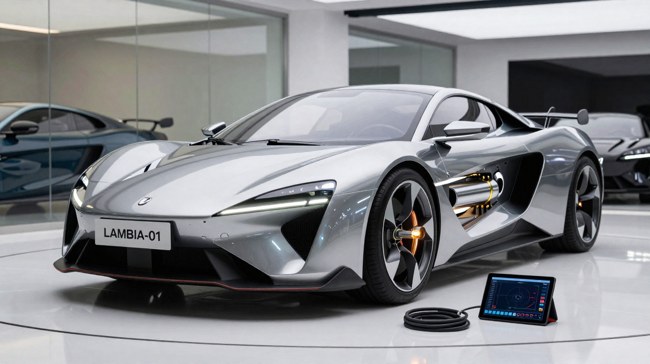 Carro esportivo prateado futurista estacionado em showroom com display eletrônico ao lado.