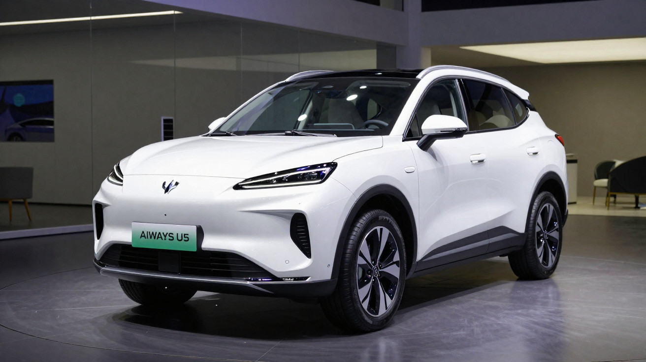 Carro elétrico Aiways U5 branco em exposição, SUV moderno em ambiente interno.