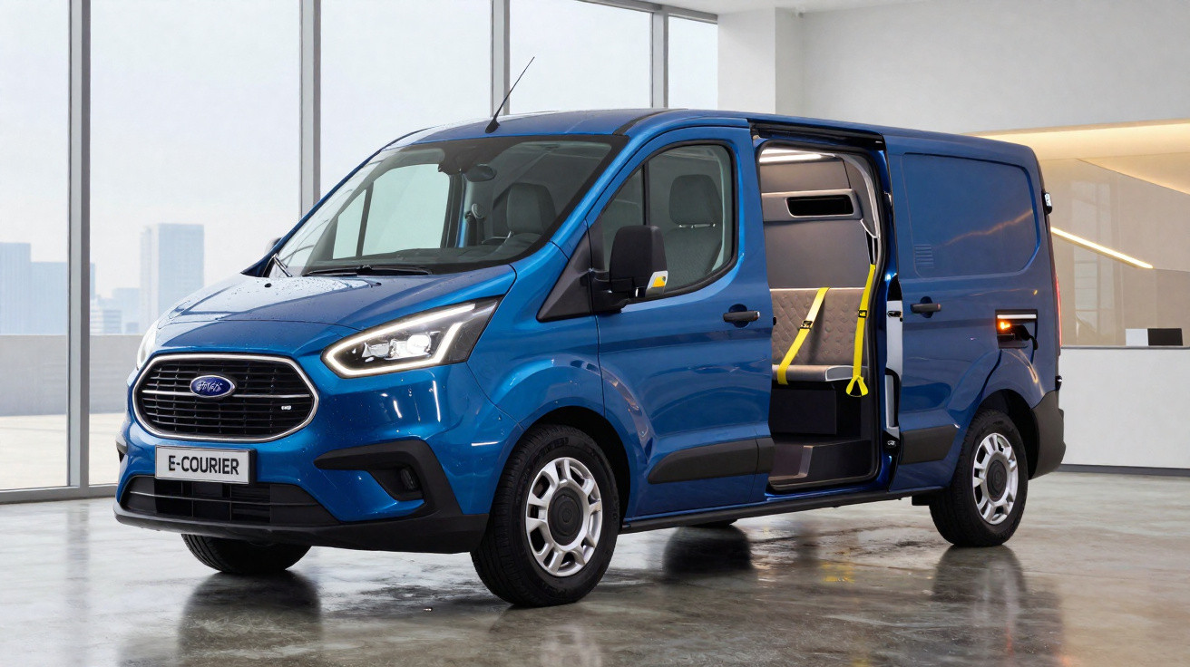 Van elétrica azul Ford E-Courier com porta lateral aberta em ambiente interno moderno.