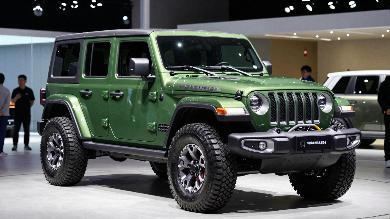Jeep Wrangler verde quatro portas exposto em salão de automóveis com pessoas ao fundo.