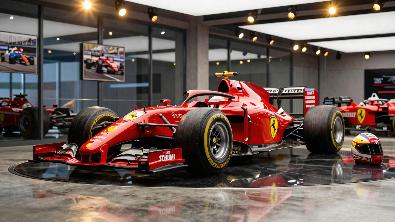 Carro de Fórmula 1 Ferrari vermelho exposto em ambiente interno com capacete ao lado e outras Ferraris ao fundo.
