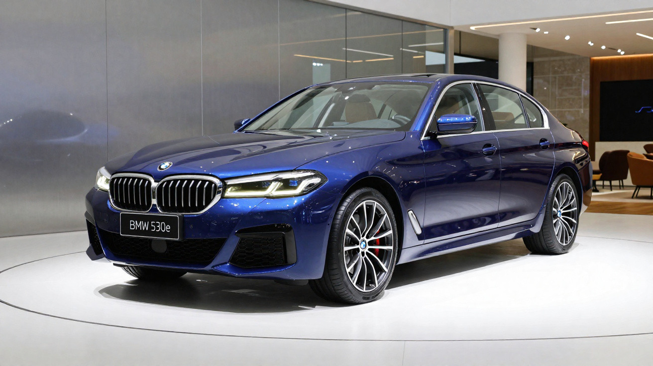 Carro BMW 530e azul escuro em showroom com piso e parede claros, visão frontal lateral direita.