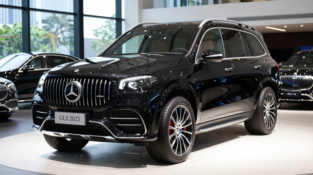 SUV Mercedes-Benz GLS 2025 preto exibido em showroom moderno com iluminação natural e outros carros ao fundo.