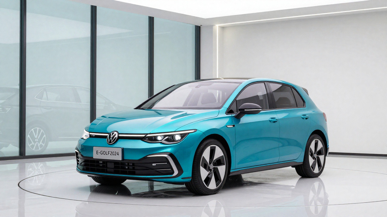 Carro elétrico Volkswagen e-Golf 2024 azul em ambiente interno com fundo branco e espelhos.