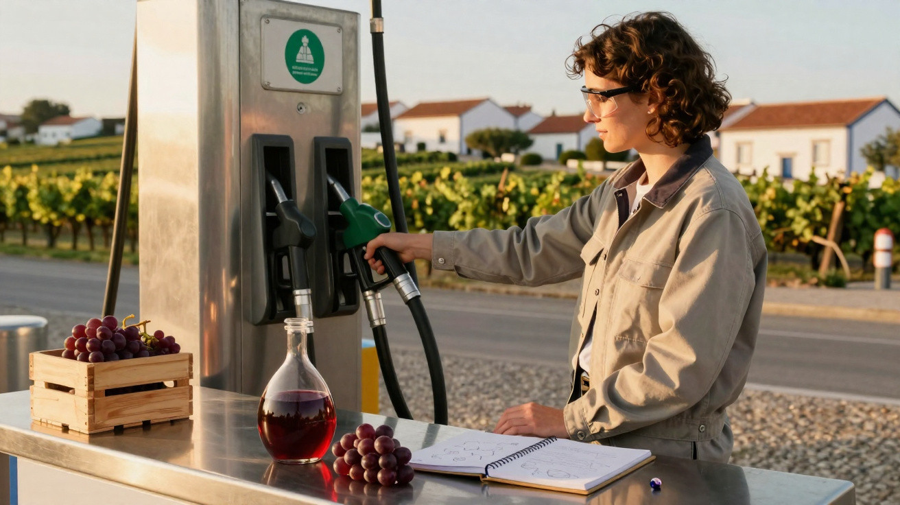 Pessoa em posto de combustível abastecendo uma garrafa com líquido vermelho, perto de uvas e caderno.