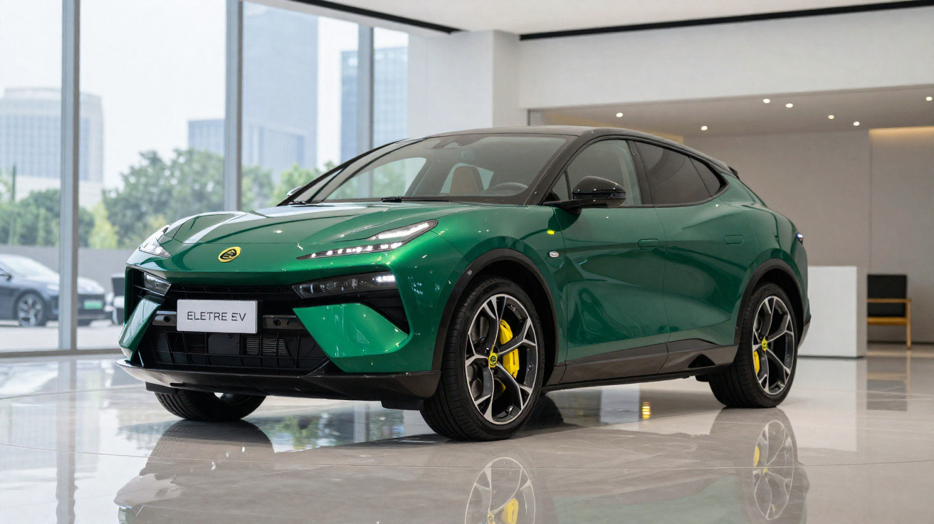 Carro elétrico verde Eletre EV estacionado em showroom moderno com piso refletivo.