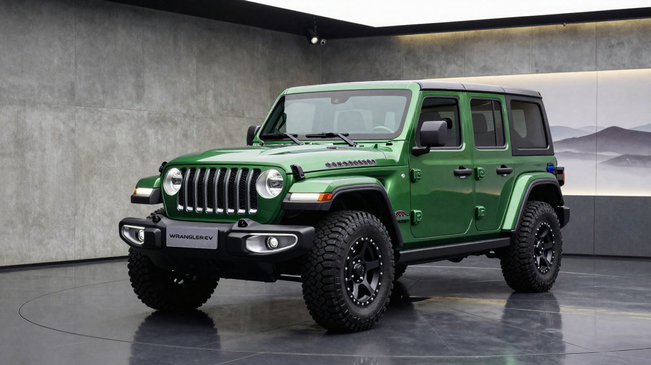 Jeep Wrangler EV verde estacionado em ambiente interno com paredes cinza e iluminação suave.