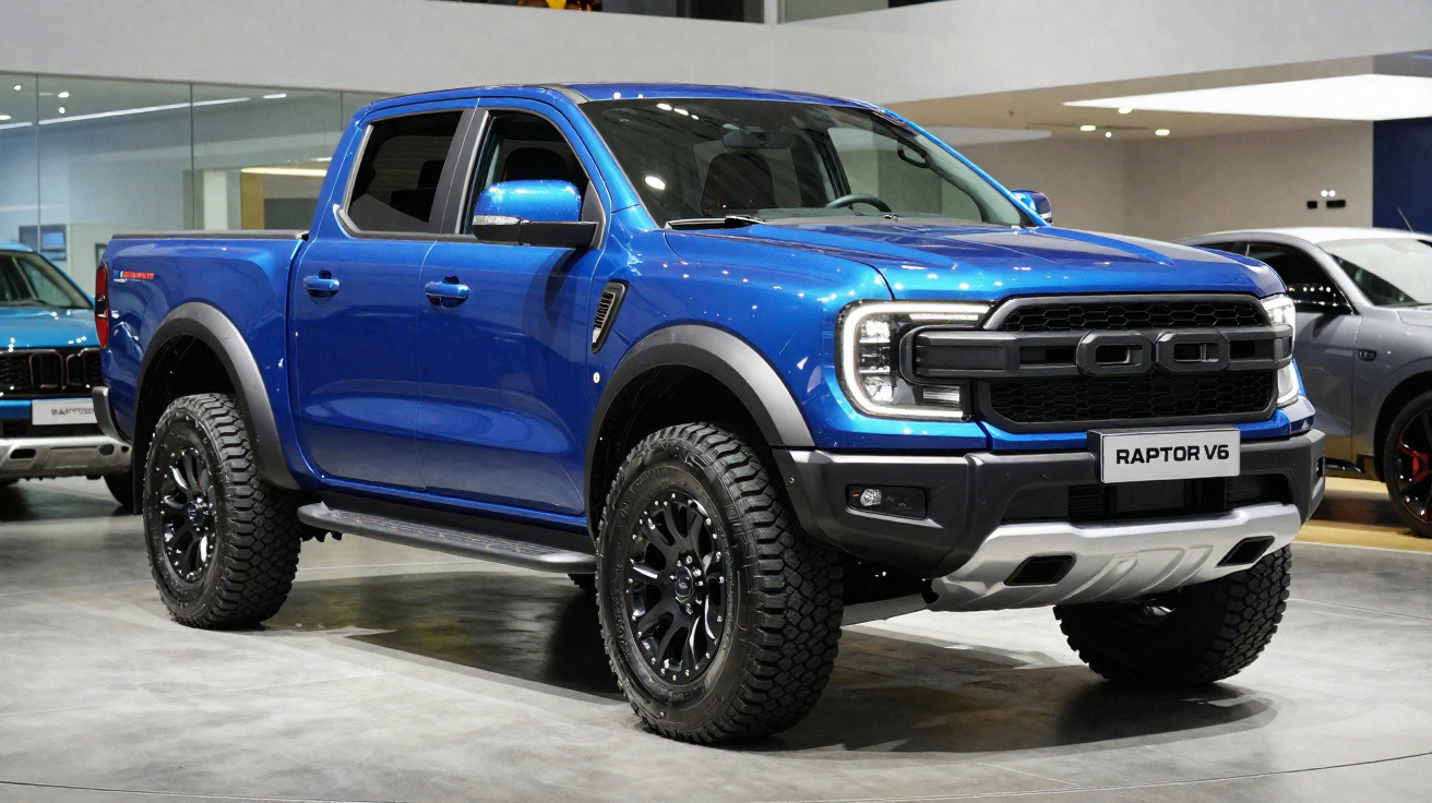 Picape azul Ford Raptor V6 estacionada em showroom com pneus robustos e detalhes pretos.